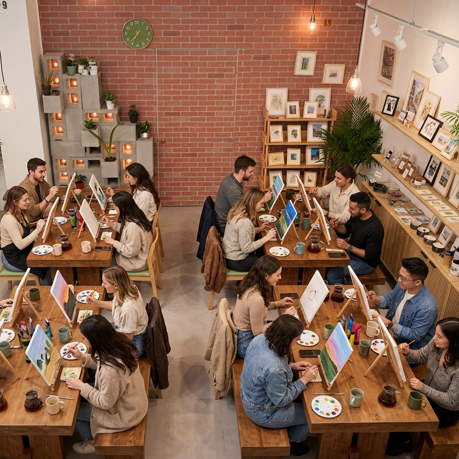 A high-angle view of a cozy art studio or cafe with multiple people seated at wooden tables, painting on canvases. The space features a red brick wall, warm hanging lights, potted plants, shelves with framed pictures, and a clock on the back wall.