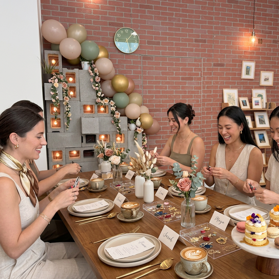 Four women smiling and laughing around a wooden table decorated for a birthday celebration, with pastries, candles, and balloons in a warm indoor setting with a brick wall background.