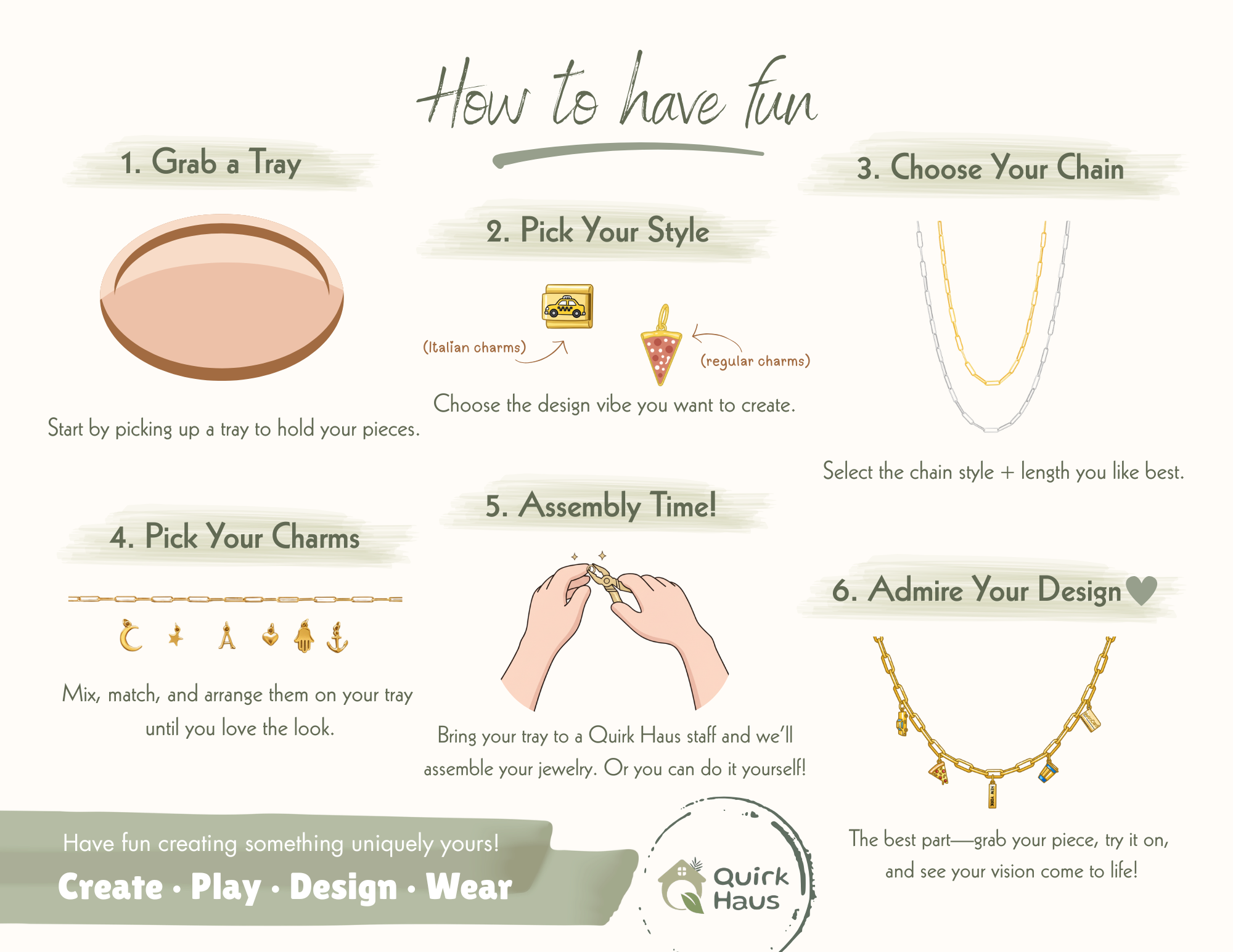 An illustrated how-to poster titled 'How to have fun' for jewelry making, with six numbered steps, simple diagrams, and a Quirks Haus logo at the bottom.