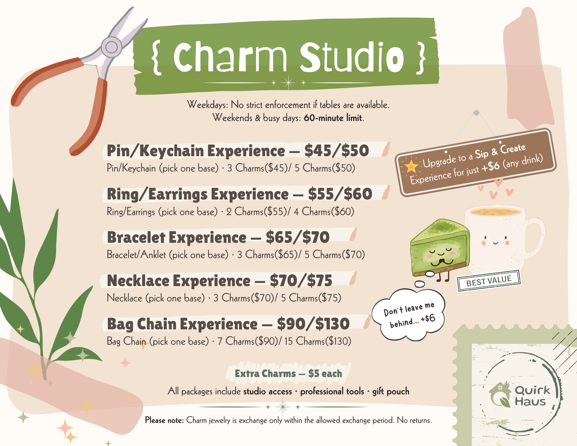 A promotional flyer for 'Charm Studio' detailing various charm-making package experiences, including Pin/Keychain, Ring/Earrings, Bracelet, Necklace, and Bag Chain experiences, along with pricing and instructions. The flyer features illustrations of crafting tools, a green charm, and a cup of coffee on a light beige background.